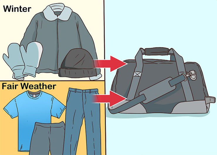 Pack weather-appropriate clothing in a suitcase or small bag